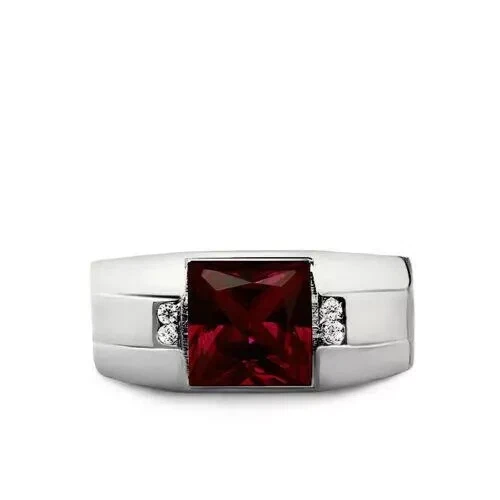 Men's 2Ct Princess Cut Lab Created Garnet Ring in 14K White Gold Plated - Image 2 of 4