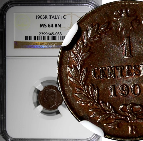 Italy Vittorio Emanuele III Bronze 1903 R 1 Centesimo NGC MS64 BN KM# 35 (033)