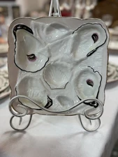 Antique Hand-Painted Oyster Plate – Porcelain Shell Form with Gold Trim