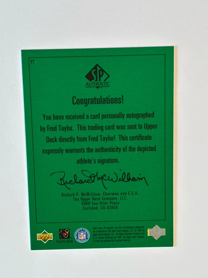 FRED TAYLOR SP AUTHENTIC PLAYER'S INK AUTOGRAPH AUTO RC FLORIDA GATORS JAGUARS - Image 2 of 2