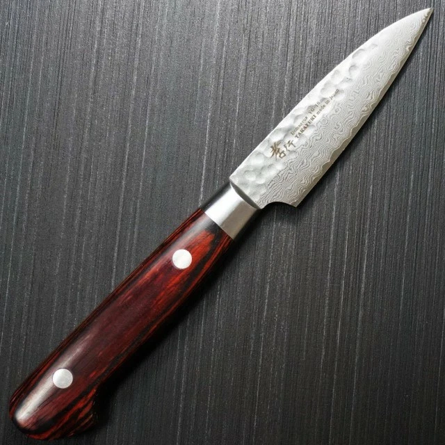 Cuchillo pequeño Sakai Takayuki 80 mm 3,2 pulgadas patrón Damasco cuchillo de fruta plateado con caja Foto 3 de 4
