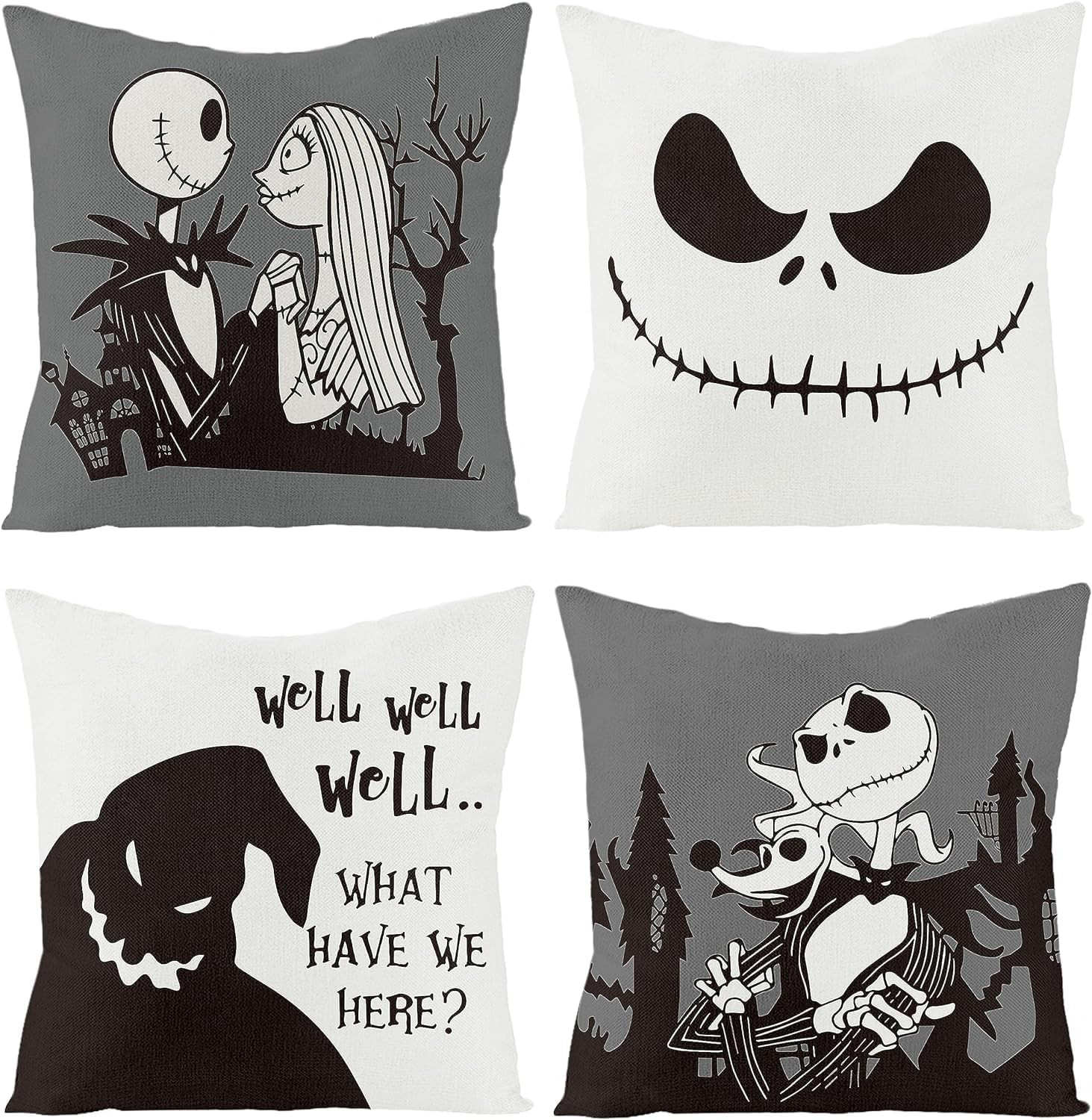4Pcs Halloween Jack and Sally Horror Christmas Pillow Covers 18x18 Inch