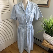 Vintage Eddie Bauer Shirt Dress Small Blue Chambray Embroidered Midi Retro 90s
