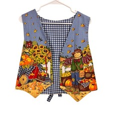Vintage 90s Handmade Fall Harvest Vest Scarecrow Pumpkin Sunflowers Bunnies S/M