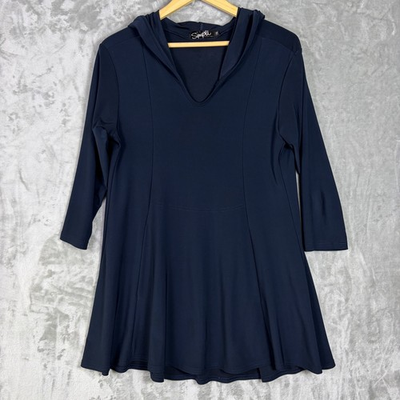 #ad Sympli Women#x27;s Navy Hooded Tunic Top Size 12 3 4 A Line Stretch Minimalist $25.20