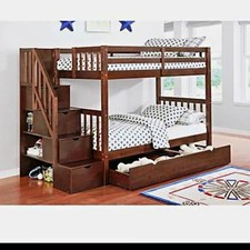 Twin Over Twin Wood Bunk Bed, Built-In Stairs, Storage Drawers, Brown