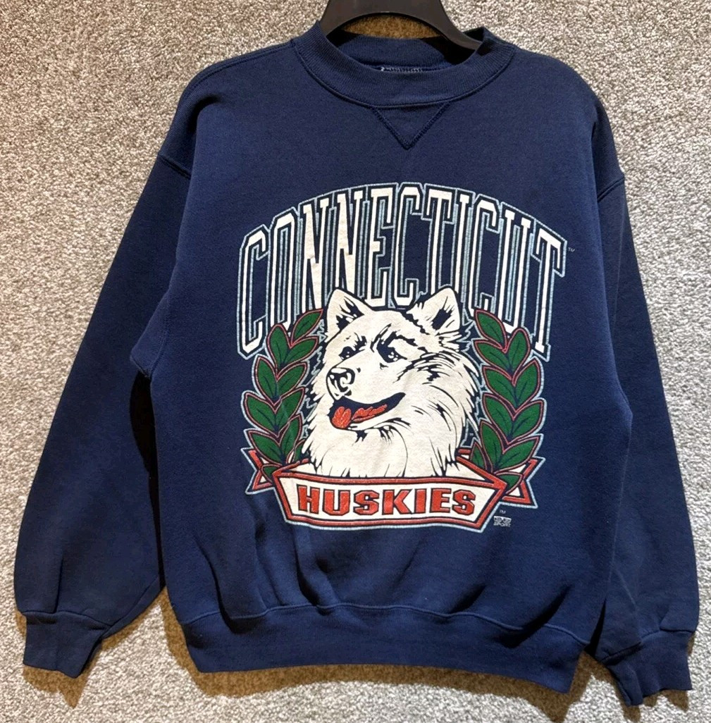 Vintage 80s NCAA Mens UConn Huskies Blue Crewneck Sweatshirt Size Medium USA