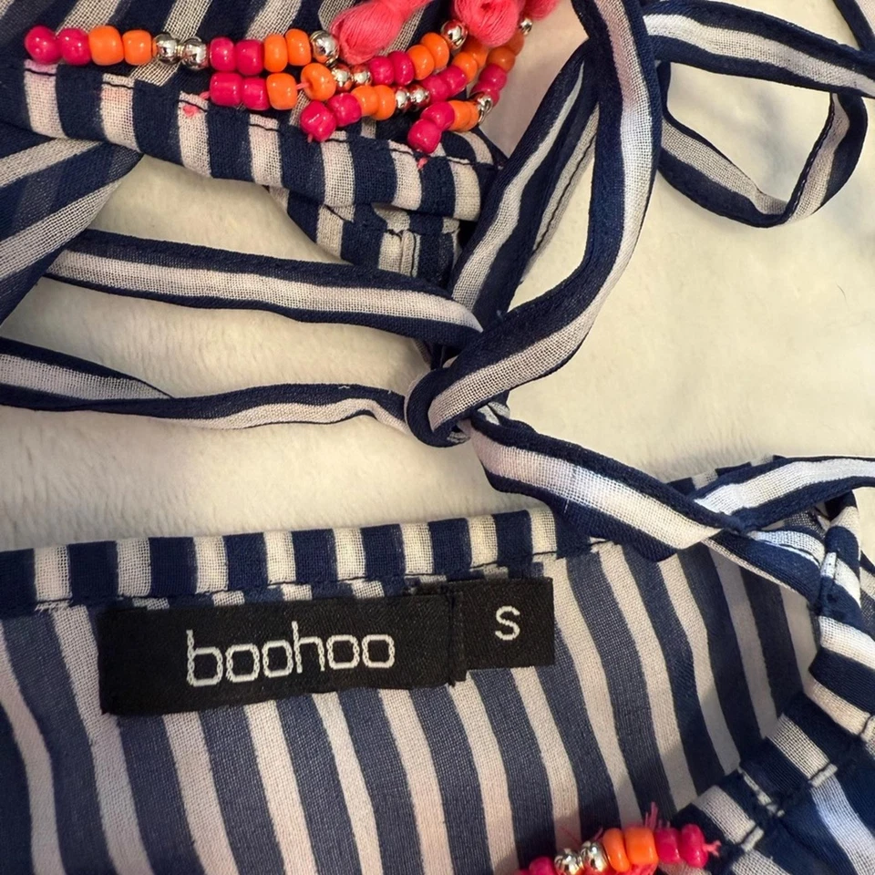 Boohoo swim coverup bold blue white stripes vibrant pink tassels & beads SZ SM - Image 4 of 4