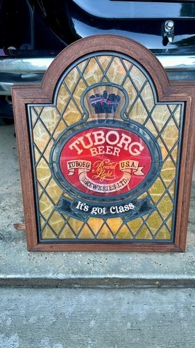 Vintage Tuborg Beer Lighted Plastic Stained Glass Style Bar Sign 15x19" VGC