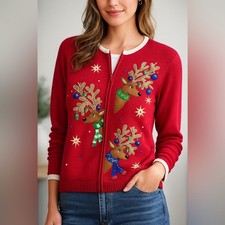 Tiara International Christmas Reindeer Zip Cardigan Women's M Ugly Vintage