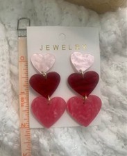 Pink Red Heart Dangle Drop Earrings Acrylic Butterfly Closure Love Theme