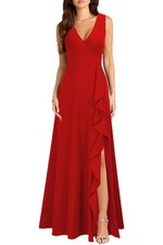 Women's V Neck Sexy Split Cocktail Dress with Pockets Ruffle Party Long Forma...