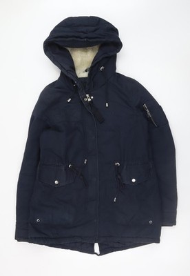 Bershka Damen Parka Mantel blau mit Kapuze Größe 8 gefüttert Winterjacke