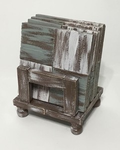 Wooden Coaster - Set Of 4 With Holder - Rustic White, Green & Brown