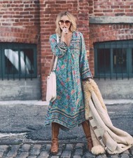 SPELL Folk Town Boho Midi Dress Turquoise Floral Long Sleeve RARE Small