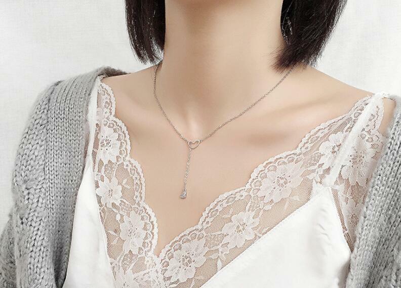 Precious Metal-Plated Sterling Silver Double Heart and Pavé Bar Necklace in ROSE GOLD - Sale