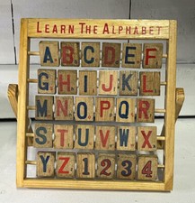 Vtg Wood Learn The Alphabet Abacus Style Folding Standing Educational Flip Toy