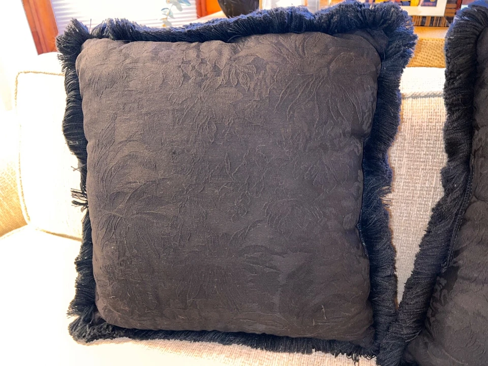 THREE JACQUARD FLORAL BLACK/ BLACK DECORATIVE PILLOW FRINGE HOME DECOR BEDDING - Image 3 of 4