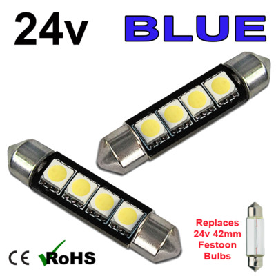 2 x Blue 24v 42mm Festoon Interior Plate Light 264 4 SMD C10W Bulbs HGV Truck