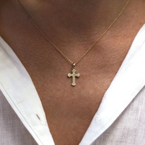 0.15 ctw Natural Diamond Solid 14k White Gold Unisex Budded Cross Pendant 23 MM - Picture 8 of 8