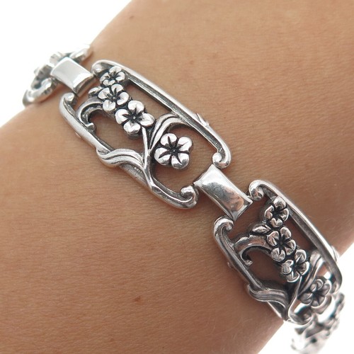 WELLS Sterling Silver Antique Art Deco Cherry Blossom Panel Link Bracelet 7.5"