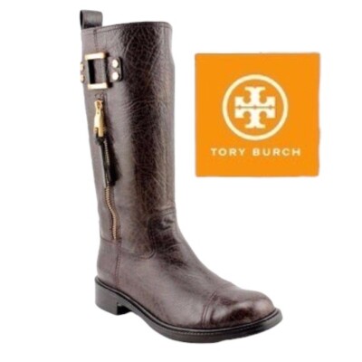 TORY BURCH Womens 7.5 Pebbled Leather Riding Boots STOWE Side Zip Gold Detail