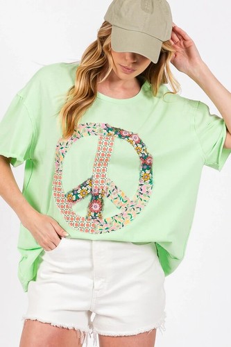 SAGE & FIG PEACE SIGN FLORAL APPLIQUE TOP SAGE  SIZE MEDIUM ST7304B-CUTE!!! - Picture 1 of 6