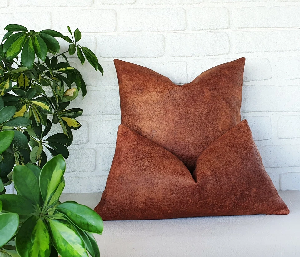 Terracotta color cork leather look fabric pillow cover-1qty - Image 4 of 4