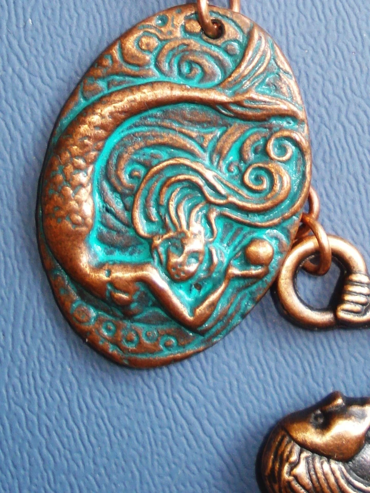 6" Drop Dangle Antiqued Copper Mermaid Seahorse Heart Clasp Key Ring Purse Glitz - Image 4 of 4