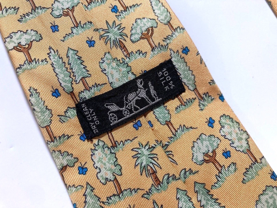 HERMES ВИНТАЖНЫЙ ЛЕС БАБОЧКИ ТАНЦЫ ГАЛСТУК ДЕРЕВО WOODS ВЫСОКОГО КЛАССА ФРАНЦИИ ЖЕЛТЫЙ - Изображение 2 из 4