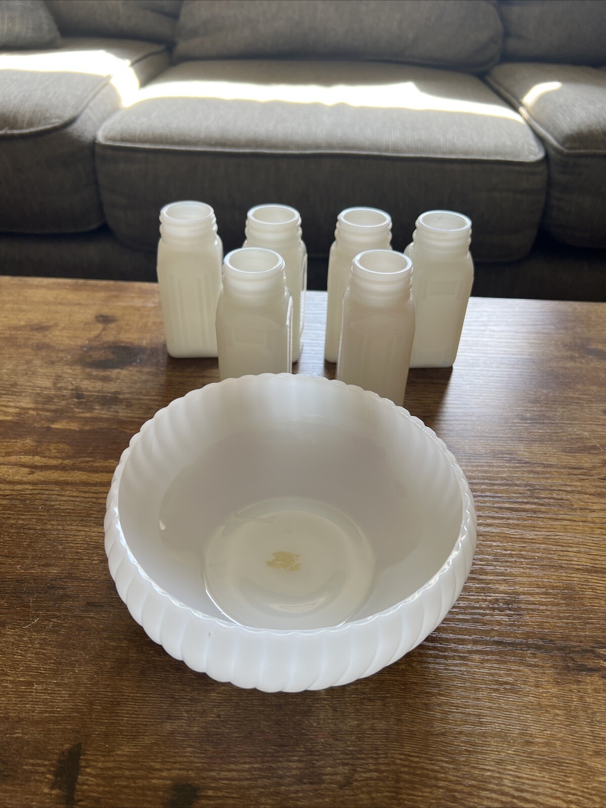 White Milk Glass Swirl Bowl with 6 Spice Jars for Candy or Decor