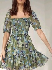 WILFRED Green Patterned Laken Puff Sleeve Mini Dress Women's Size Large 