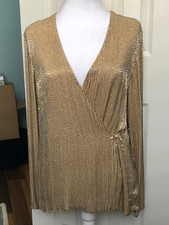 VINTAGE - DISCO 70'S GOLD HEAVILY BEADED 100 SILK WRAP TOP - Women's Size 8/10