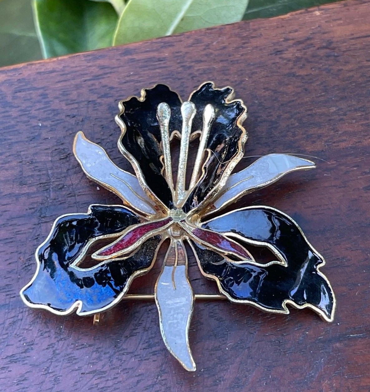 Vintage Enamel On Gold Metal Iris Floral Pin Black White Red | eBay