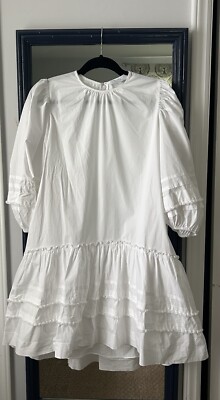 Pearl Lela Rose Dress S White Balloon Sleeve Fringe Billowy Drop Waist