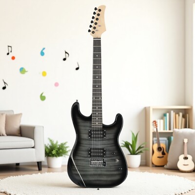 39'' Beginner S-Style Electric Guitar Set-Amp Full Size HH Pickups Tremolo Black
