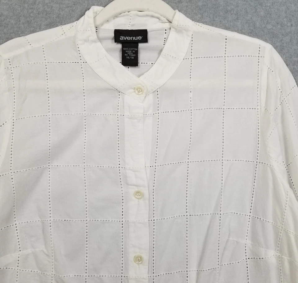Avenue 纽扣衬衫女式 14 16 白色方形长袖绑带领透明 — 第 2/4 张图片