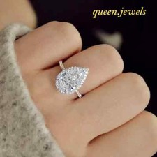 Lab-Created 2CT Pear Shape Diamond Halo Engagement Wedding Ring 14K Gold Finish