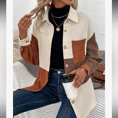 Shein Colorblock Corduroy Top Button Down Drop Shoulder  1XL