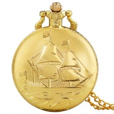 Quartz Gold Sailing Boat Design Pocket Watch Retro Pendant with Chain Xmas Gifts