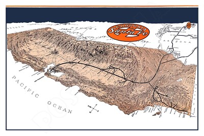 Santa Fe Railroad to California Relief Map   1935 Poster 24''x36''