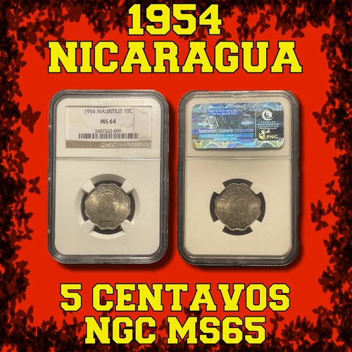 1954 NICARAGUA 🇳🇮 ~ 5 CENTAVOS ~ NGC MS-65