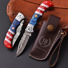 Handmade Forged Custom Damascus Steel Folding Pocket Knife with Leather Sheath