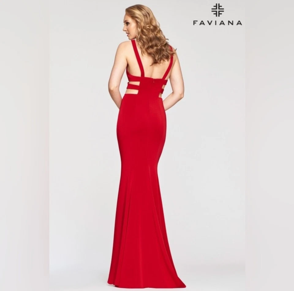 Vestido Faviana Rojo Elástico Corte Jersey Baile de graduación Vestido Cuello en V Recortes laterales Talla 0 Foto 2 de 4