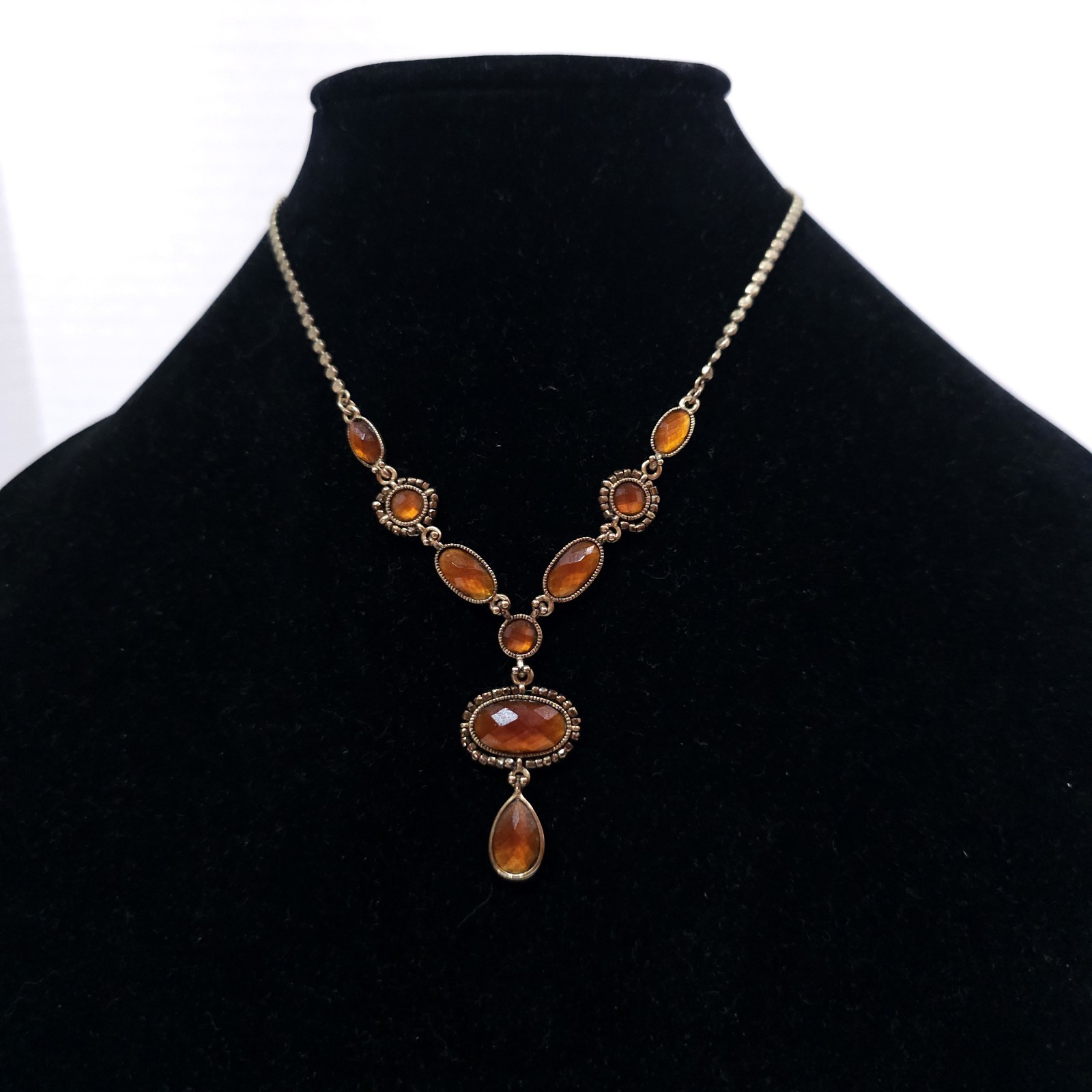 Liz Claiborne Y Drop Faux Topaz Necklace Gold Tone Vintage 16