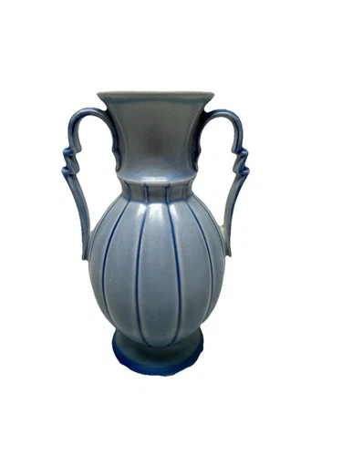 Vintage STANGL POTTERY  MCM #3171 Vase Art Deco Blue Matte Handled Made USA