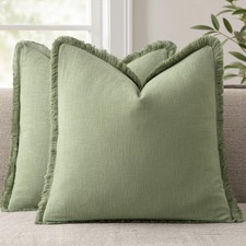 Set of 2 Decorative Throw Pillow Covers 18 18 Inch Soft Linen Fringe Farmhous...