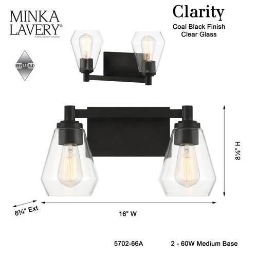 Minka Lavery 5702 Clarity 2 Light 16"W Vanity Light - Coal - Picture 8 of 11