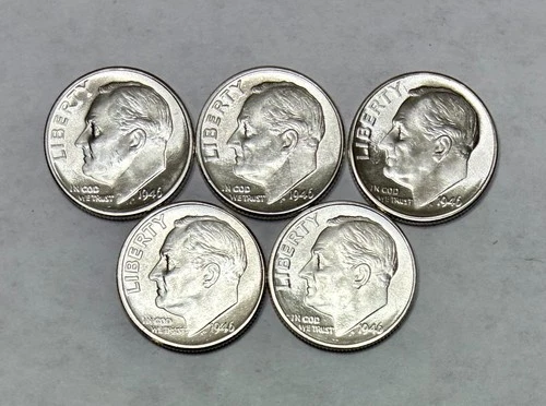 Lot of 5 1946-D Silver Roosevelt Dimes, Brilliant Uncirculated