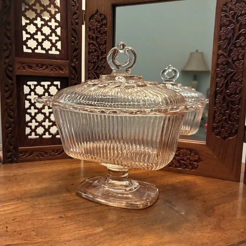 Vintage Indiana Glass Pink Open Lace Edge Pedestal Candy Box Dish with Lid Retro